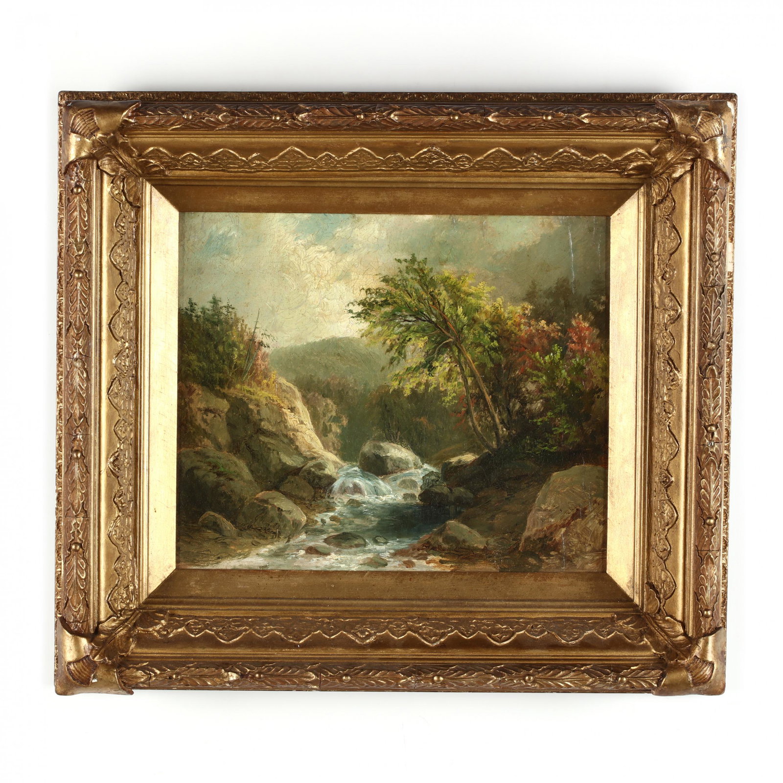 Antique Landscape with Rocky Stream: Antique Landscape with Rocky Stream oil on canvas, 19th century, no visible signature, housed in deep antique giltwood frame. DOA 15 1/2 x 17 3/4 in. Private Collection, Raleigh, North Carolina Additi
