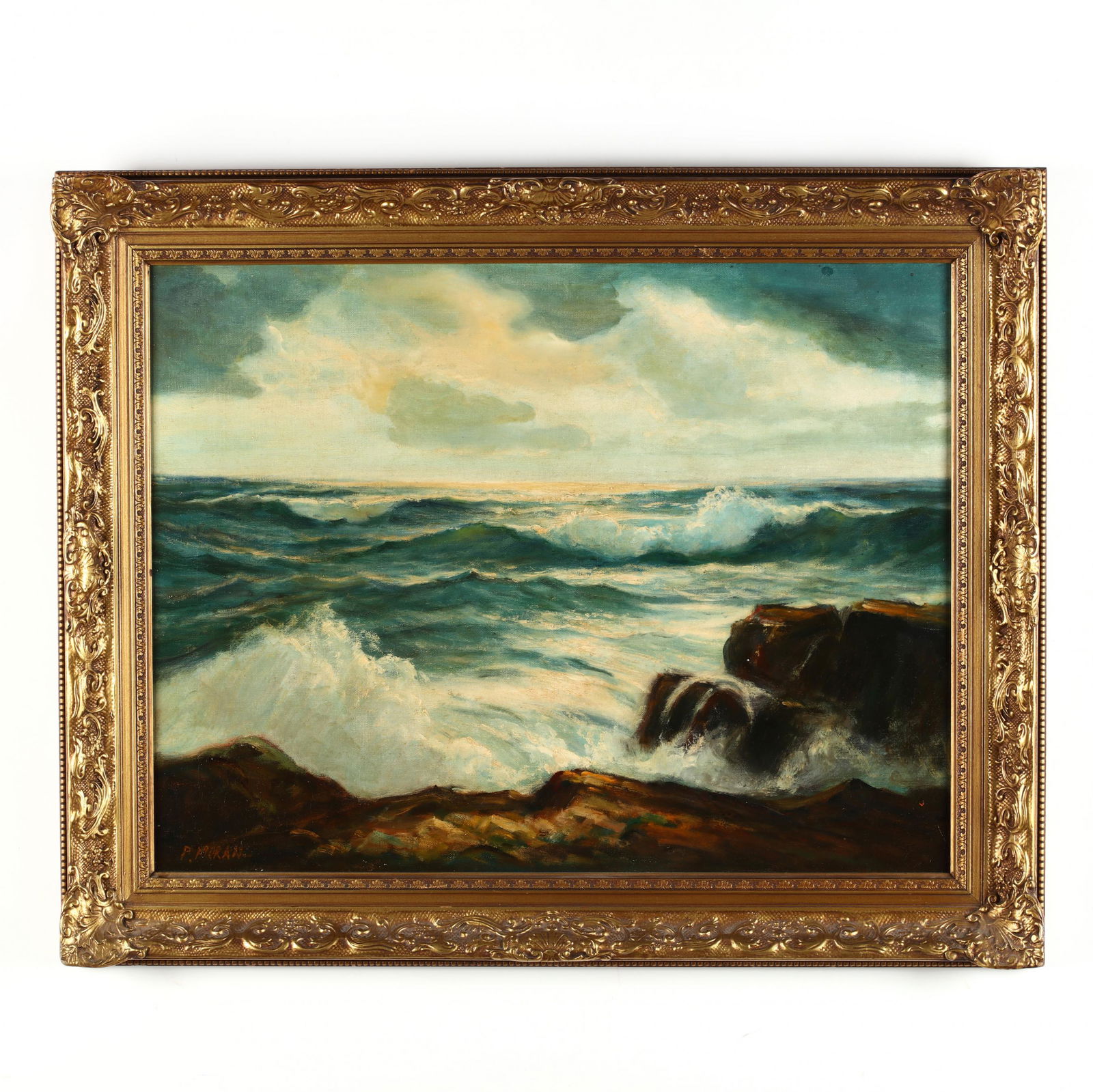 Peter Moran (PA, 1841-1914), Seascape: Peter Moran (PA, 1841-1914), Seascapeoil on canvas (lined), signed at lower left, presented in a period gilt frame. DOA 25.5 x 31.5 in. From the Collection of Colonel and Mrs. Gordon Roberts, Fayettev
