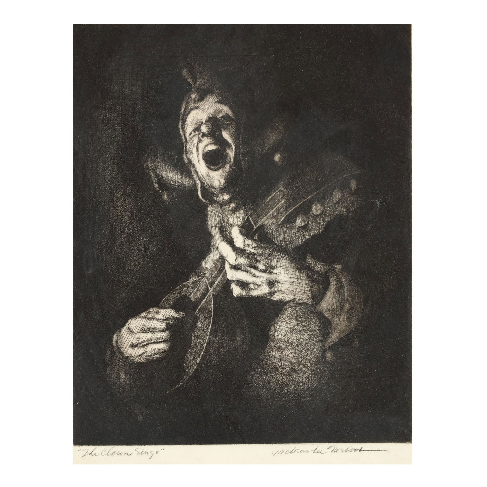 Jackson Lee Nesbitt (American, 1913â€“2008), The Clown: Jackson Lee Nesbitt (American, 1913â€“2008), The Clown Singsetching, 1935, pencil signed and titled lower margin, framed. DOA 14 3/4 x 11 3/4 in. Estate of the late Millicent G. Diehl, Sanford, N