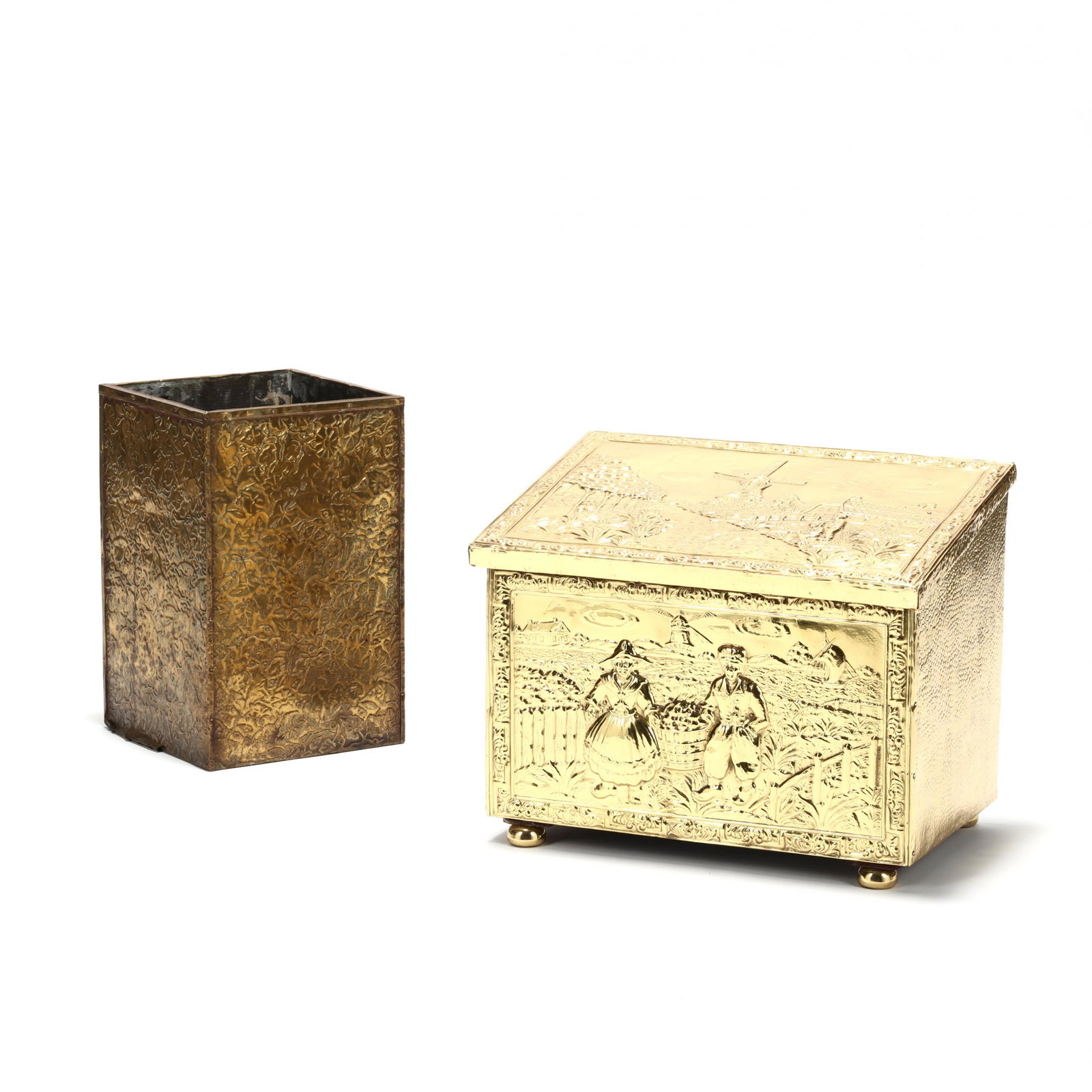 Two Vintage Dutch Brass Repousse Fireplace Boxes: Two Vintage Dutch Brass Repousse Fireplace Boxes early 20th century, including a hinged lid box and an open receptacle. Box 14.5 x 18 x 12 in. Private Collection, Raleigh, North Carolina Additional hi