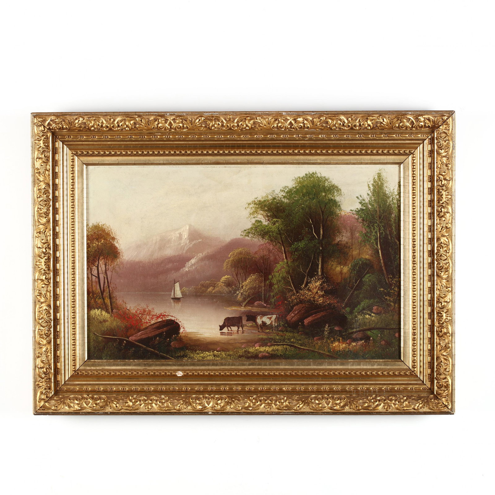 Antique Landscape Painting with Cows Drinking: Antique Landscape Painting with Cows Drinking oil on canvas (lined), 19th century, appears unsigned, in antique gilt wood and composition frame. DOA 20.25 x 28.25 in. Private Collection, Raleigh, Nort