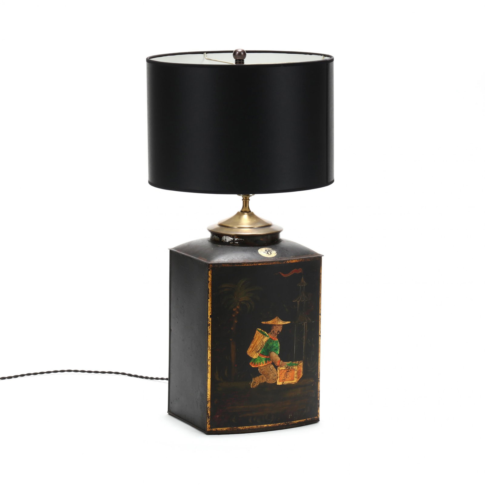Large Chinoiserie Toleware Table Lamp: Large Chinoiserie Toleware Table Lamp 19th century tea canister with later painted decoration, with black drum shade. HOA 31 in. Additional high-resolution photos are available at LelandLittle.com