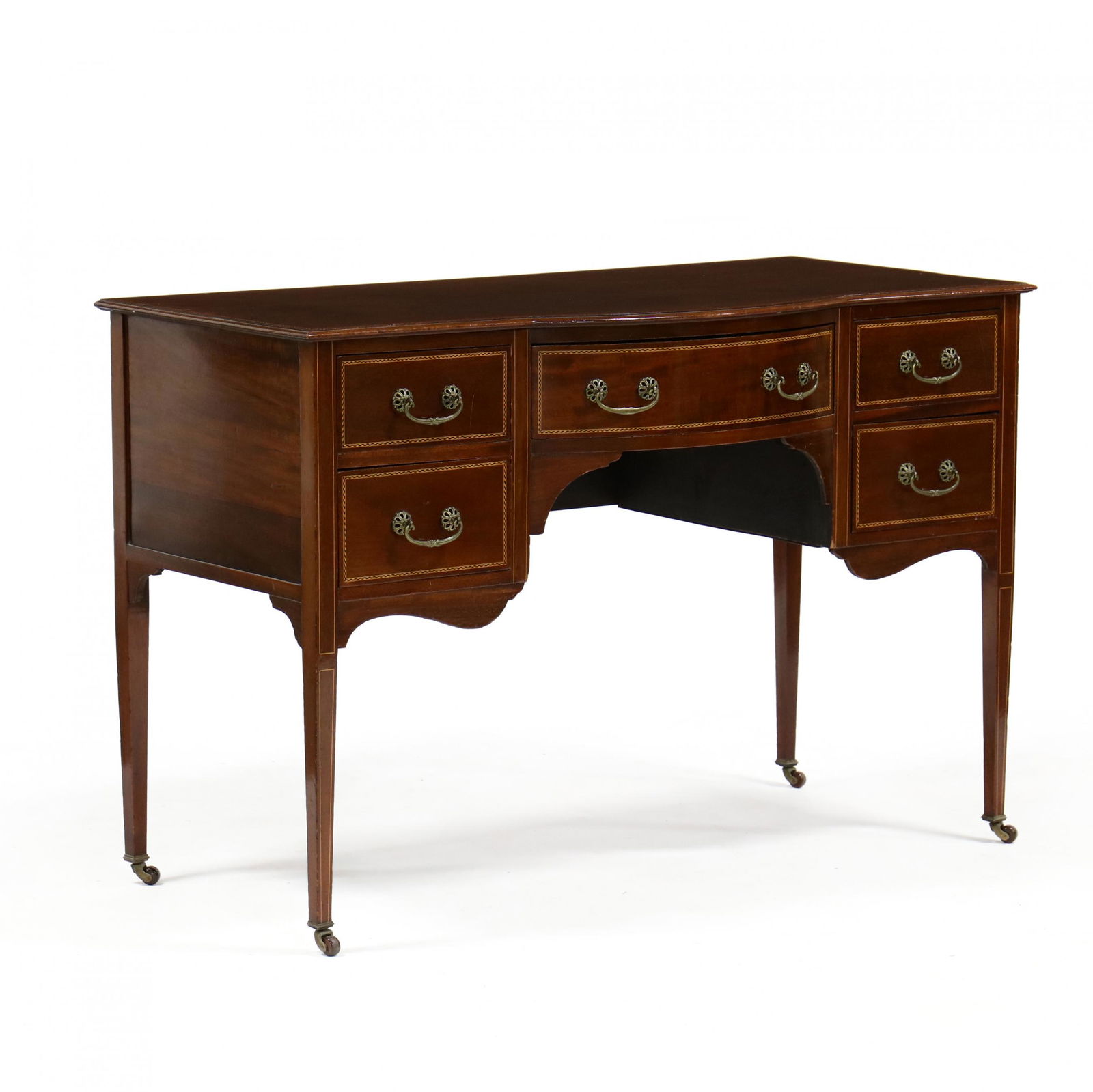Edwardian Inlaid Mahogany writing Desk: Edwardian Inlaid Mahogany writing Deskcirca 1900, bowfront form, with herringbone banded inlay, case with five drawers, paneled sides, raised on square tapered legs with line inlay, on casters. 32 x 4