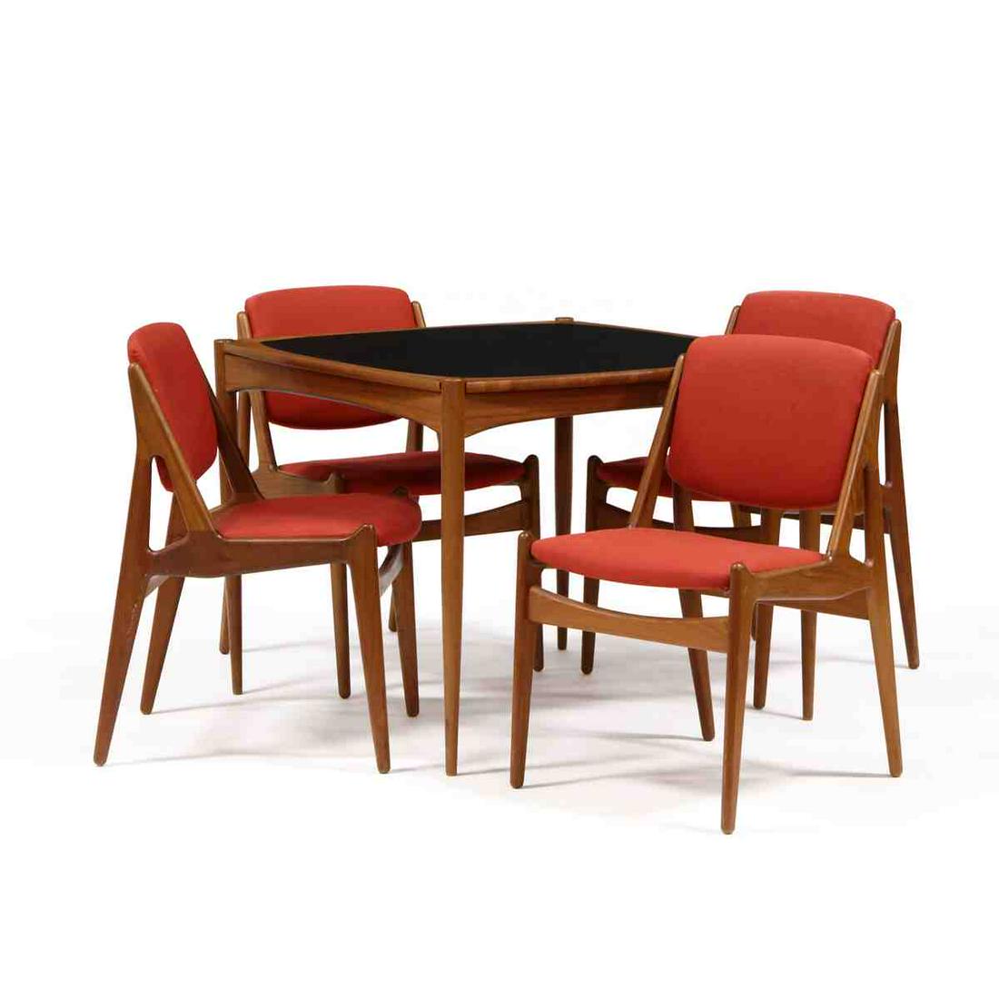 att. Arne Vodder, Danish Modern Teak Dining Table and: att. Arne Vodder, Danish Modern Teak Dining Table and Four ChairsVamo Sonderborg, 1960s, including a reversible square top dining table, opposite side with black naugahyde, raised on turned tapered le