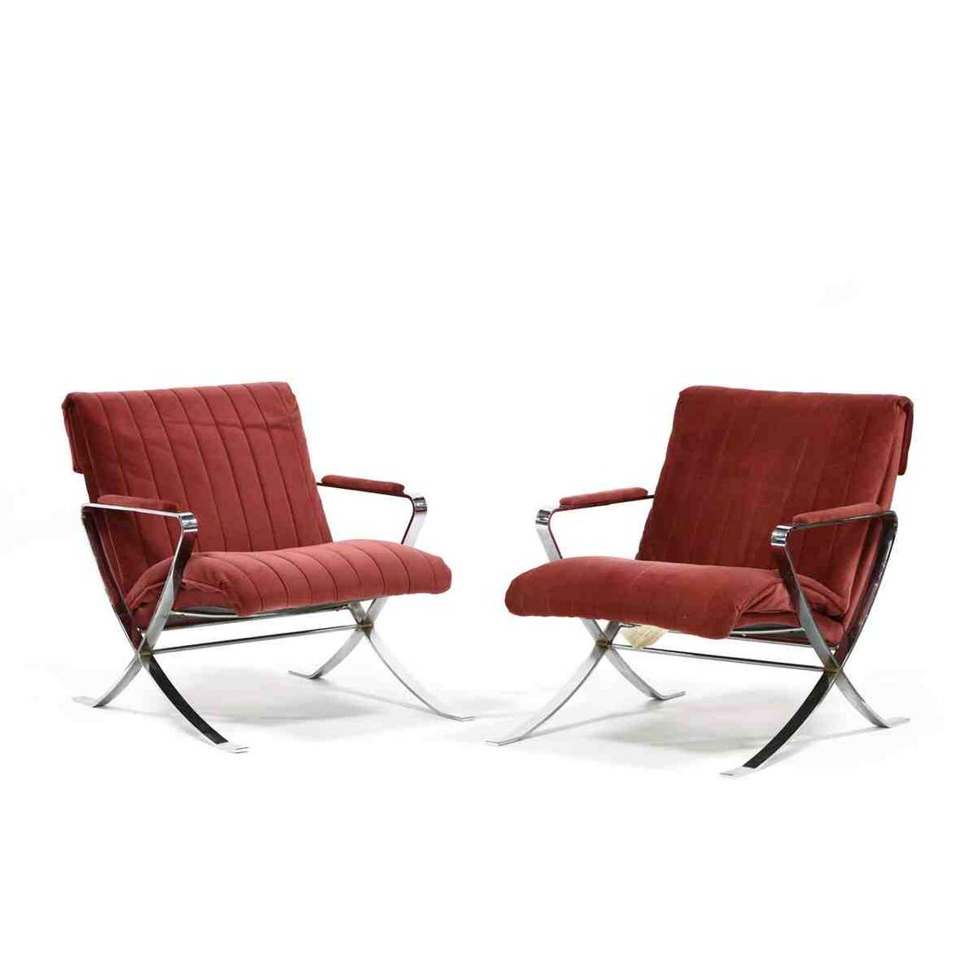 Pair of Mid Century Chrome Armchairs: Pair of Mid Century Chrome Armchairs circa 1970, likely original plush mauve upholstery, unmarked. 31 x 27 x 34 in. Additional high-resolution photos are available at LelandLittle.com