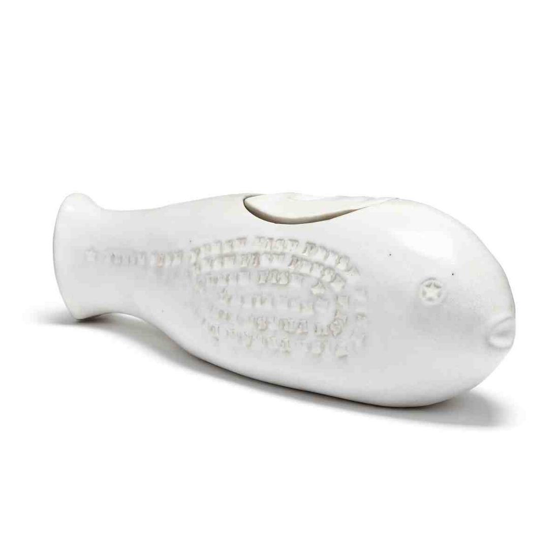 Bennington Pottery, Lidded Fish Jar: Bennington Pottery, Lidded Fish JarVermont, mid 20th century, white glaze, impressed repeated wording "Fresh Fish", marked to underside. 6 x 18 x 6 in. Collection of John Davis, Durham, North Carolina