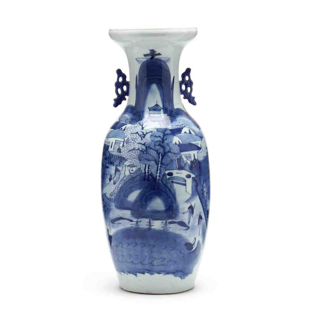 A Large Chinese Blue Landscape Vase: A Large Chinese Blue Landscape Vase 19th century, light gray ground with hand painted cobalt blue riverscape scene with mountain peaks behind and village houses and boats on water in foreground, two f