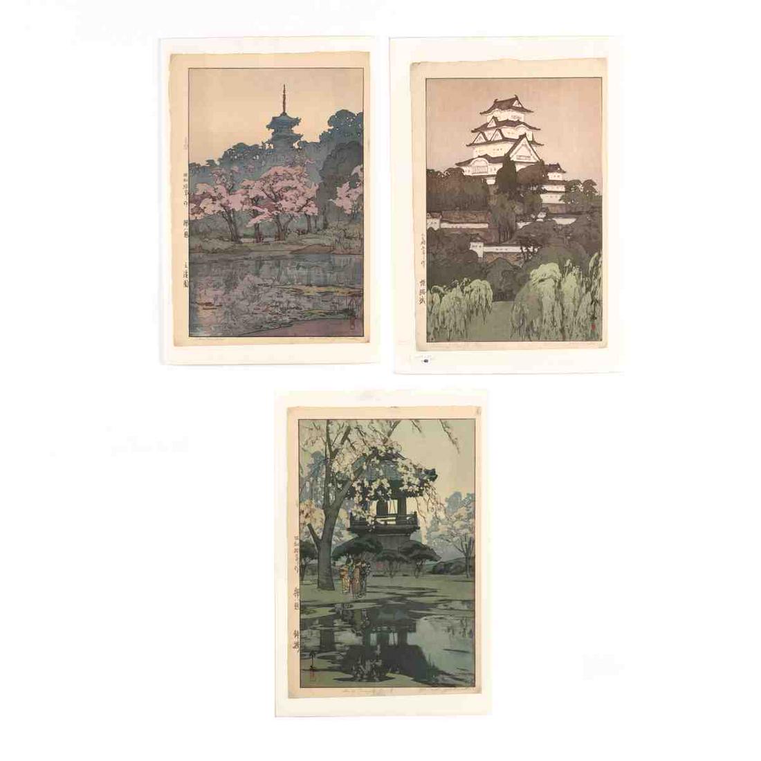 Hiroshi Yoshida (Japanese, 1876-1950), Three Woodblock: Hiroshi Yoshida (Japanese, 1876-1950), Three Woodblock Prints ink and colors on paper, includes Sankeien Garden, circa 1935, signed in pencil to lower right of bottom margin, signature and artist's se