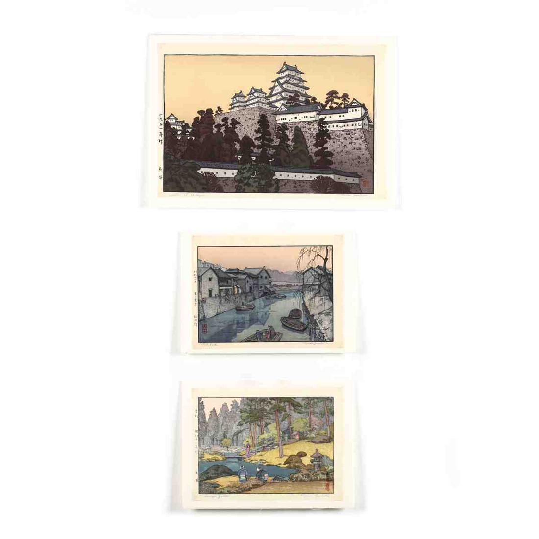 Yoshida Toshi (Japanese, 1911-1995), Three Woodblock: Yoshida Toshi (Japanese, 1911-1995), Three Woodblock Prints includes Castle at Himeji, Iida Bashi Bridge, and Linnoji Garden, presented loose in shrink wrapped mat having clear corners, not examined o