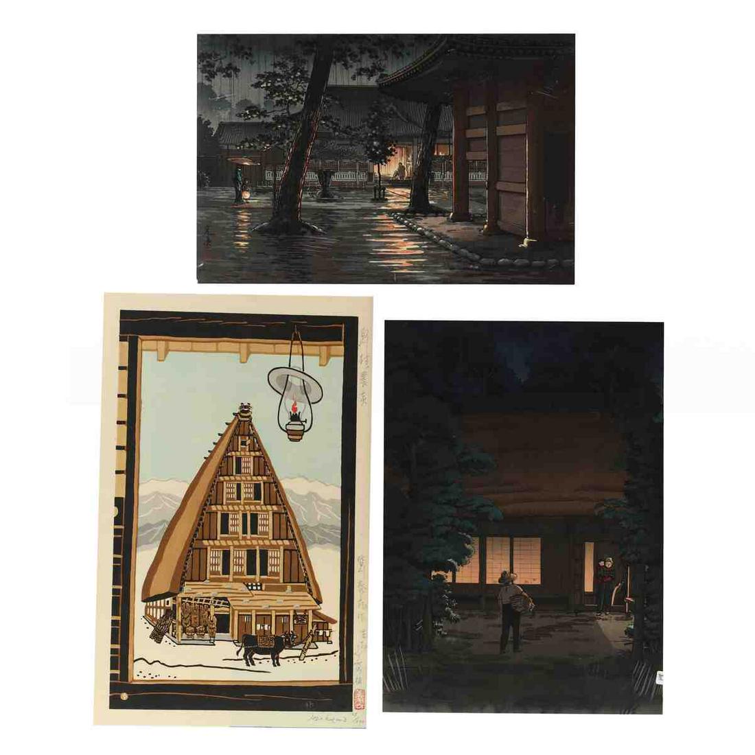 Three Japanese Woodblock Prints: Three Japanese Woodblock Printsincludes prints by Tsuchiya Koitsu (1870-1949), Toshi Yoshida (1911-1995), and Inagaki Toshijiro (Nenjiro) (1902-1963), ink and colors on paper, presented loose in shrin