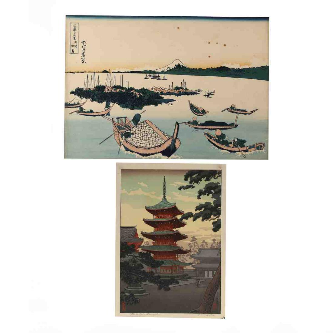 Japanese Woodblock Prints by Katsushika Hokusai and: Japanese Woodblock Prints by Katsushika Hokusai and Tsuchiya Koitsu includes Tsukuda Island- Fugaku Sanju Rokkei by Hokusai, original carved in 1829-33, this is a later impression probably from the 19