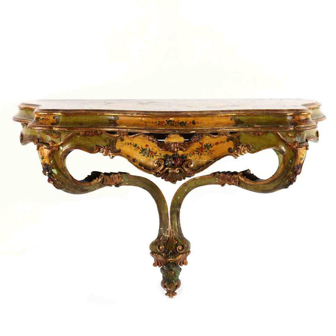 Antique Italian Rococo Style Carved and Painted Console: Antique Italian Rococo Style Carved and Painted Console table late 19th century, wall mount serpentine form, painted in green field with floral sprays and gilt highlight, pierced and shell-carved skir
