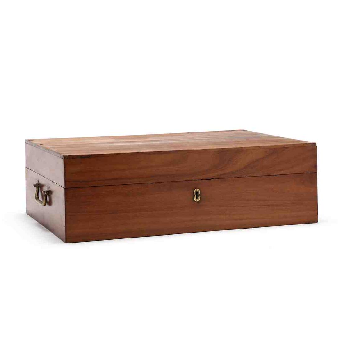 British Colonial Rosewood Merchant's Chest: British Colonial Rosewood Merchant's Chest 19th century, hinged lid, interior with divided and lidded compartments with central lift out box, case with bail handles, flush base. 6.25 x 20 x 14.25 in. 