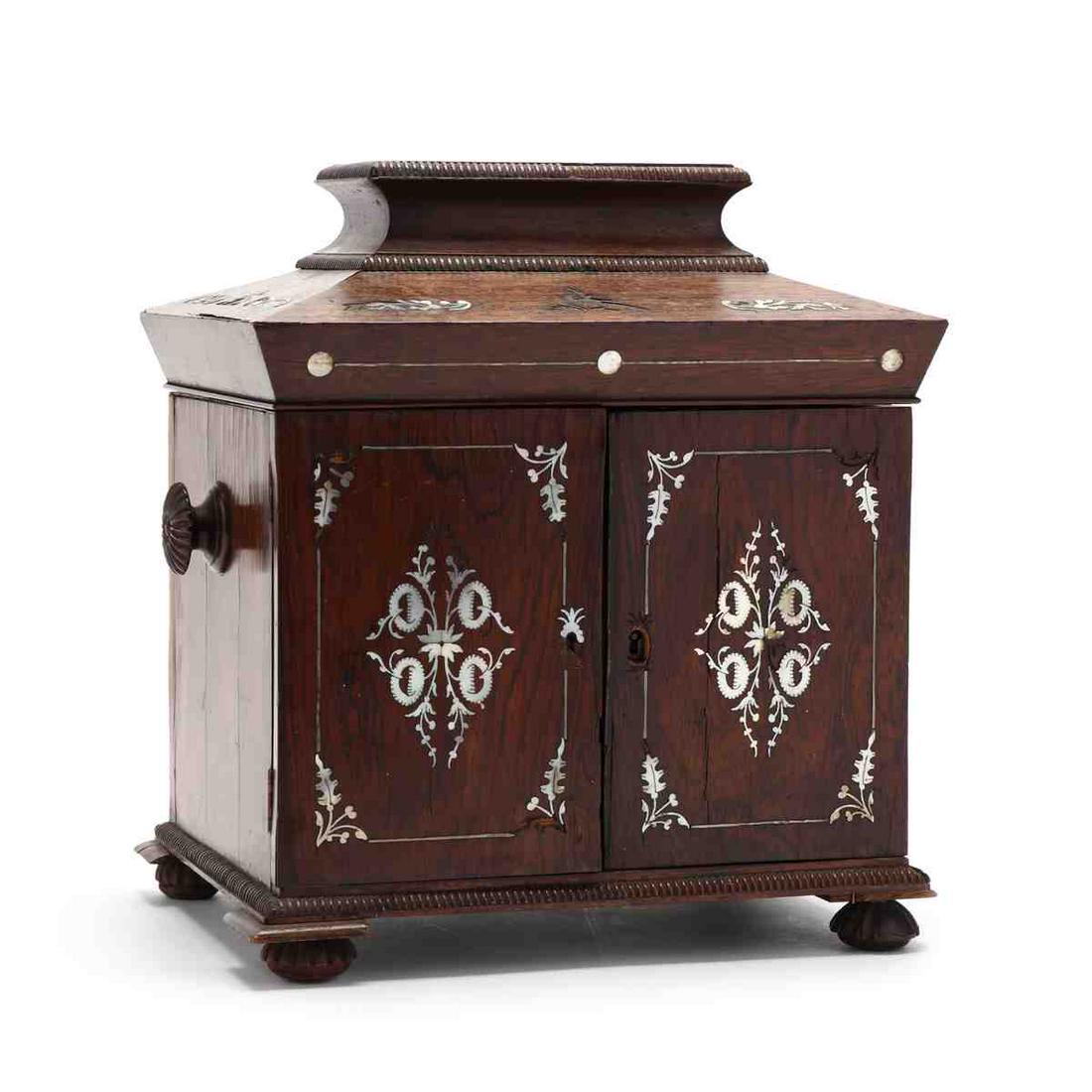 William IV Inlaid Rosewood Jewelry Casket: William IV Inlaid Rosewood Jewelry Casket circa 1840, rosewood case with mother of pearl inlays, hinged raised panel lid with mirrored lid and divided interior in yellow paint, the two hinged front do