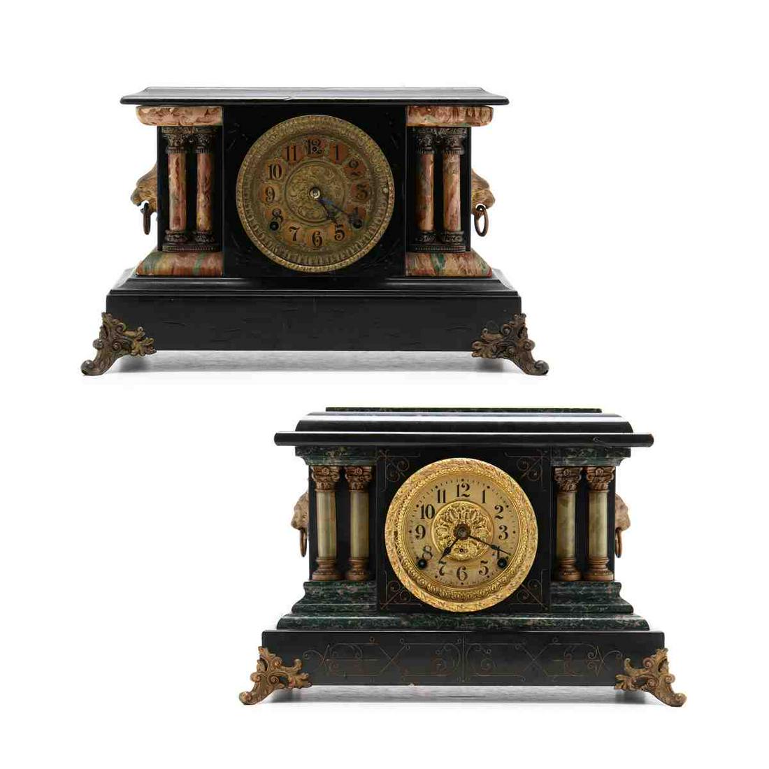 Two Victorian Faux Painted Mantel Clocks: Two Victorian Faux Painted Mantel Clocks19th century, the first by Seth Thomas, the second marked Gilbert, each with ebonized and incised wood cases with faux painted wood and celluloid accents, lion