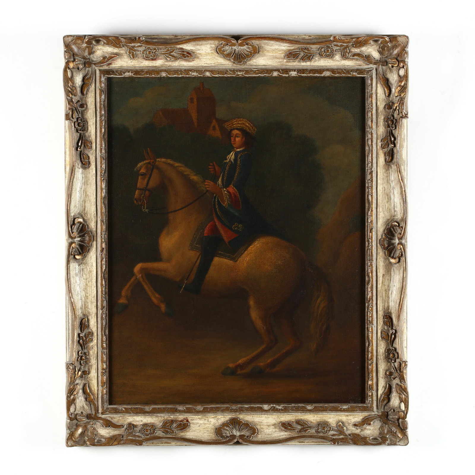 An Antique Continental School Equestrian Portrait: An Antique Continental School Equestrian Portrait oil on canvas (lined), unsigned, late 18th century, executed in a provincial style, presented in a later carved frame. DOA 30 x 24.5 in. From the Coll