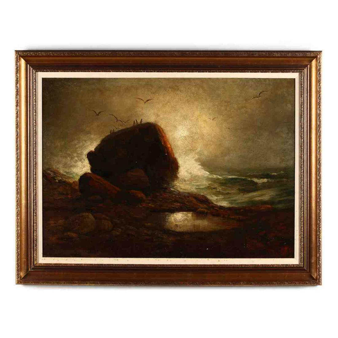 George William Whitaker (American, 1841-1916), Rocky: George William Whitaker (American, 1841-1916), Rocky Moonlit Shoreoil on canvas (lined), signed at lower right, presented in a later frame with linen liner. DOA 33.5 x 43.5 in. Additional high-resolu