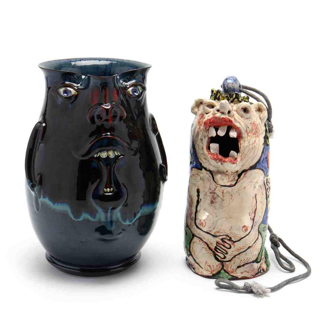 Two Pieces of Georgia Art Pottery: Two Pieces of Georgia Art Potteryincluding an Ed Gilliam figural birdhouse in the theme of Genesis 3:7; and an illegibly signed face pitcher. Taller 11.5 in. Collection of John Davis, Durham, North Ca