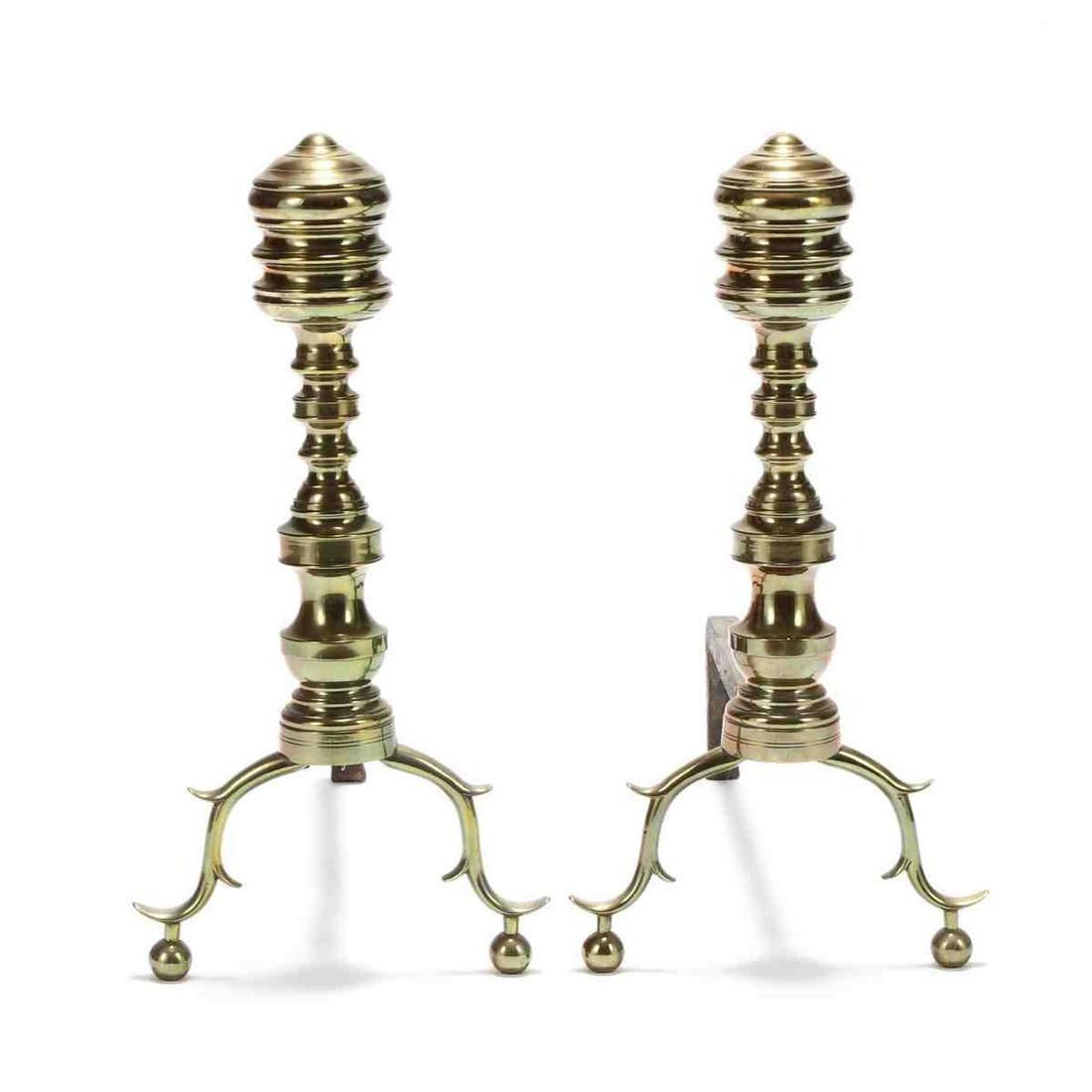 Pair of Antique Chippendale Brass Andirons: Pair of Antique Chippendale Brass Andirons circa 1800, molded brass, spur knee and ball feet. 20 x 11 x 19 in. Private Collection, Winston-Salem, North Carolina Additional high-resolution photos are a