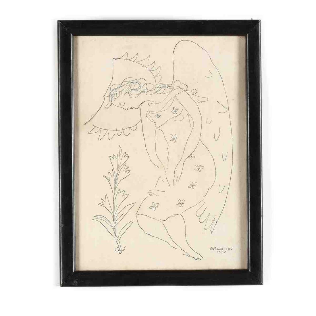 Rene Portocarrero (Cuban, 1912-1985), Sleeping Angel: Rene Portocarrero (Cuban, 1912-1985), Sleeping Angel ink on paper, signed and dated 1955 at lower right, framed under glass. Sheet 8 x 6 in.; DOA 8 5/8 x 6 5/8 in. Additional high-resolution photos ar
