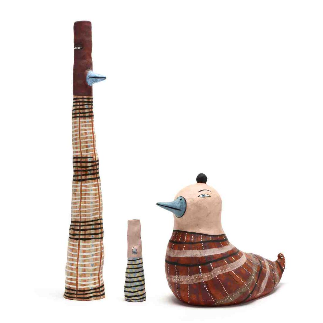 Jenny Mendes, Three Art Pottery Birds: Jenny Mendes, Three Art Pottery Birdseach hand formed with multi color glaze pattern bodies, signed. Tallest 17 in. Collection of John Davis, Durham, North Carolina Additional high-resolution photos a
