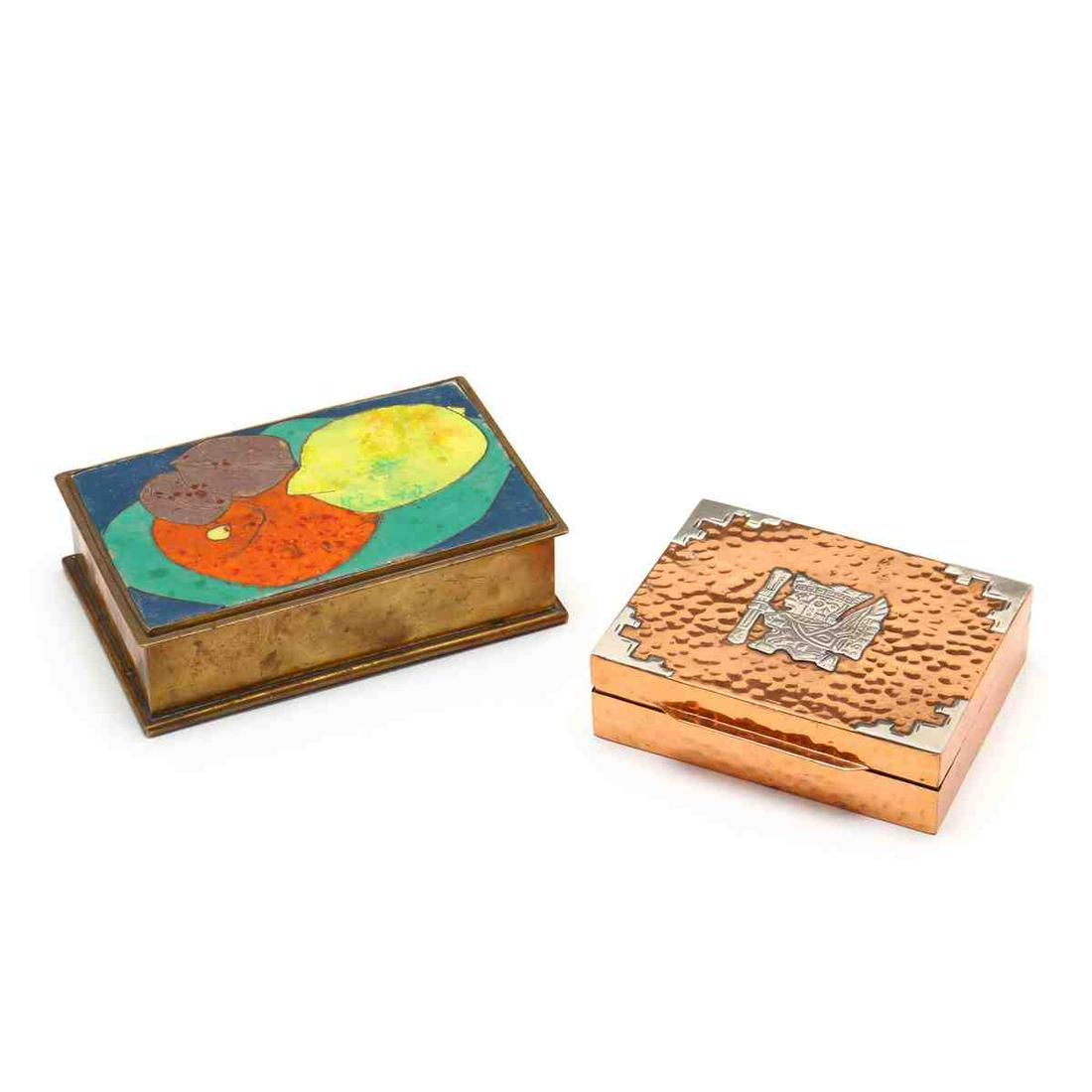 Two Mid-Century Modern Decorative Boxes: Two Mid-Century Modern Decorative Boxesthe first a rectangular brass box with mottled enameled design of fruit and nuts to the removable cover, unmarked (1.5 x 5 x 3.25 in.) (minor denting to edges, s