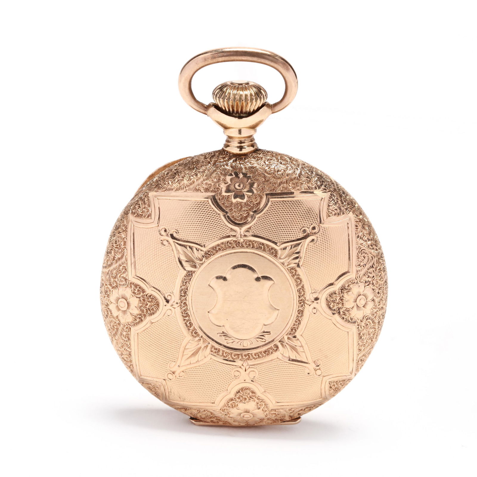 Antique 14KT Hunter Case Pocket Watch, American Waltham: Antique 14KT Hunter Case Pocket Watch, American Walthamcirca 1896, stem wind and set, movement 7921433, seven jewels, the white dial with blue and yellow enamel and gilt detailing, with blue Arabic ho