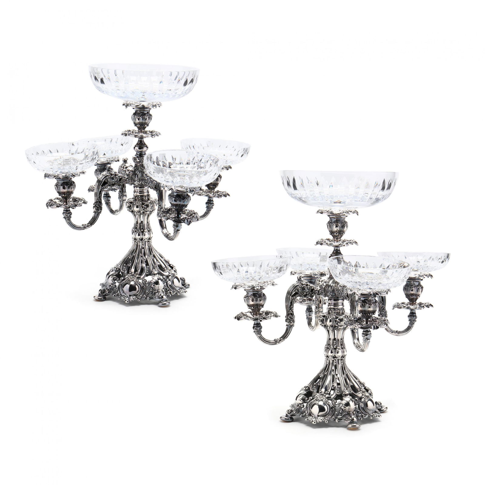 A Pair of Reed & Barton Silverplate Candelabra /: A Pair of Reed & Barton Silverplate Candelabra / Epergnesearly 20th century, model number 800, five light form with later cut crystal bowls by Miller Rogaska allowing for use as epergnes. 16 x 16 in.