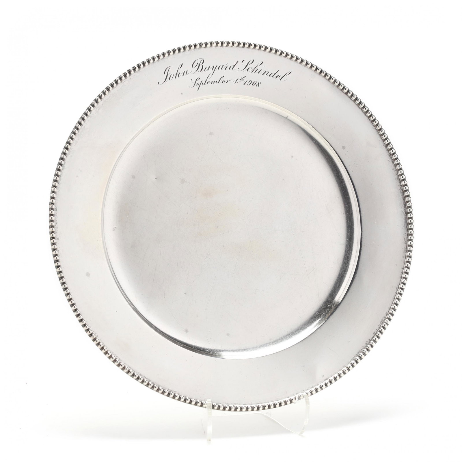 Tiffany & Co. Sterling Silver Dish: Tiffany & Co. Sterling Silver Dish circa 1907-1947 period hallmark, with beaded rim, pattern number 12050, engraved to flange "John Bayard Schindel / September 4th, 1908." 8 in. diameter 10.05 troy oz