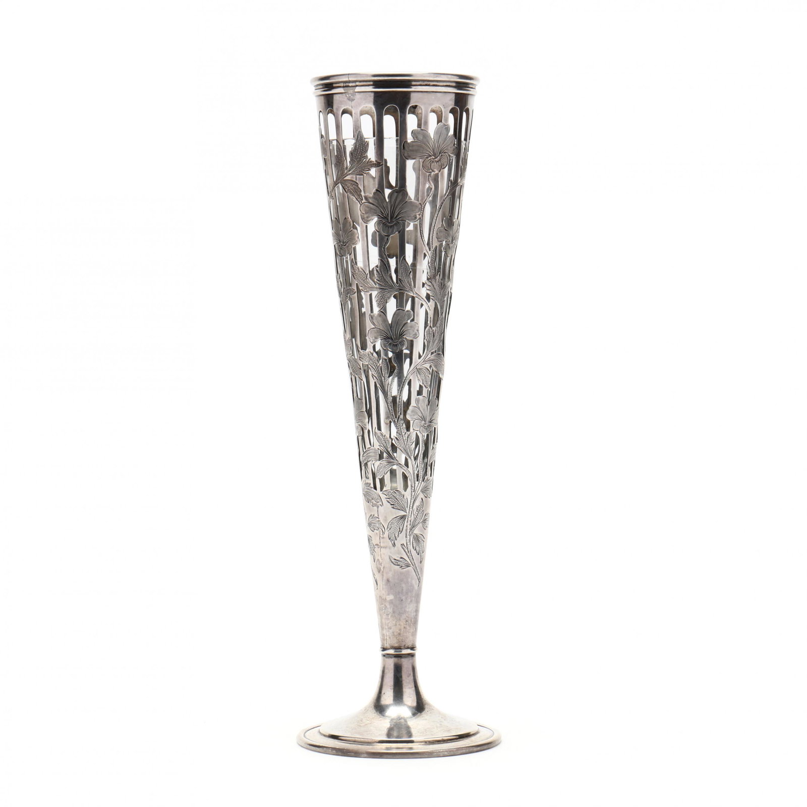 Sterling Silver Trumpet Vase: Sterling Silver Trumpet Vasemark of George A. Henckel & Co., cutwork design to standard with trailing floral vines against a lattice ground, model number 495, no monogram, with glass liner. 12 7/8 in.