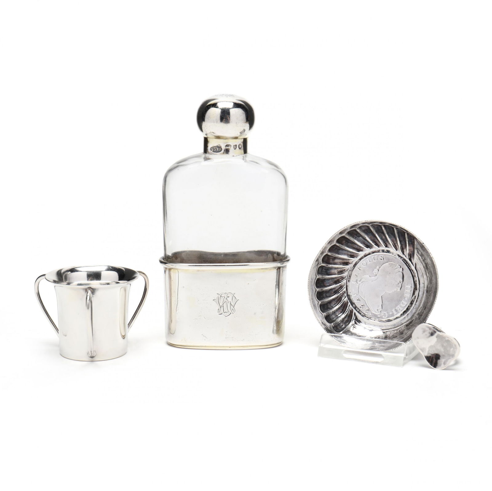 Three Antique English & Spanish Silver Bar Accessories: Three Antique English & Spanish Silver Bar Accessoriesthe first a silver wine taster inset with a 1782 Carolus III silver coin, unidentified hallmark to exterior near handle (LOA 3.25 in.) (slightly o