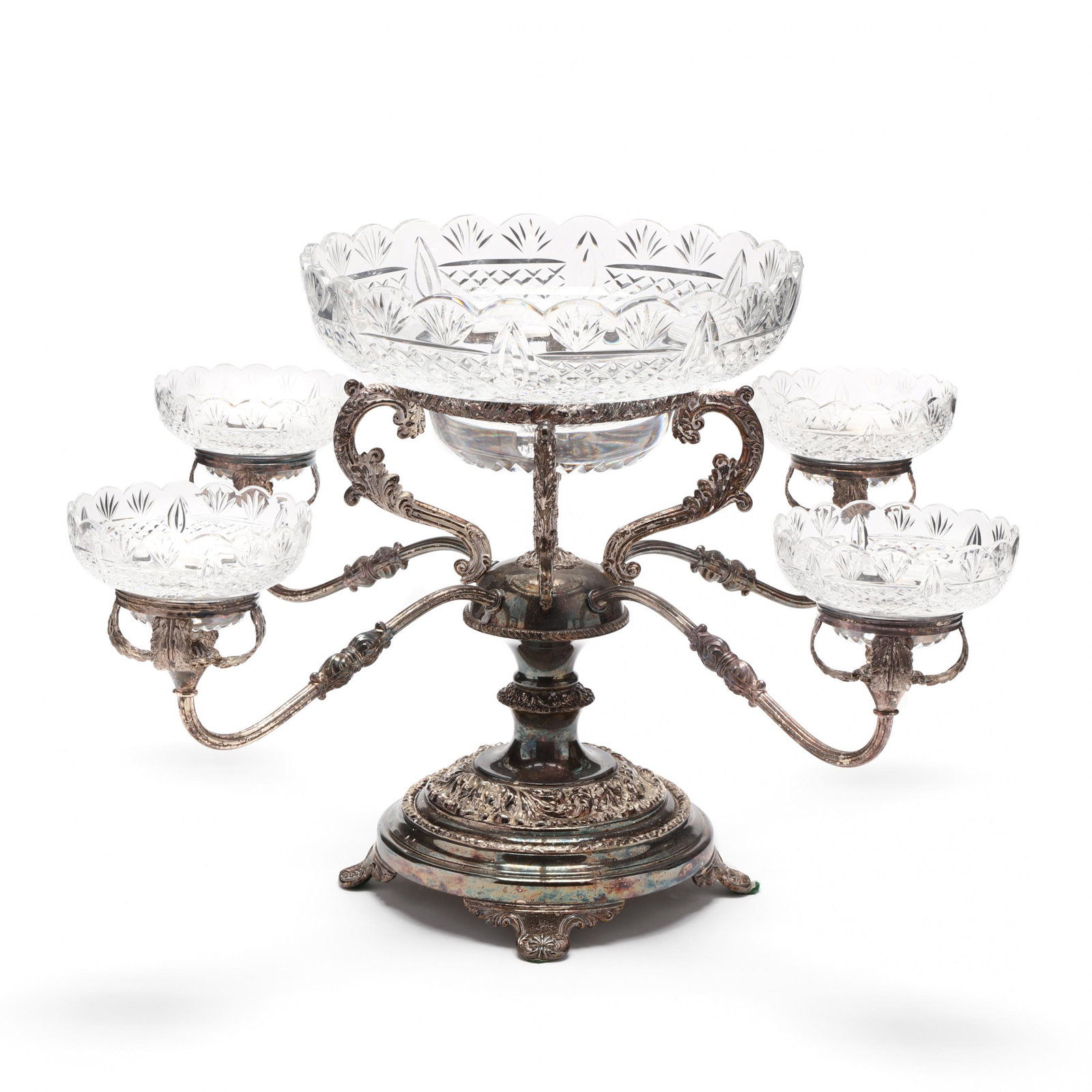 Georgian Style Silverplate and Cut Glass Epergne: Georgian Style Silverplate and Cut Glass Epergne 20th century, five inset cut glass bowls with scalloped edges set in a scrolling silverplate frame with acanthus leaves and scroll feet. 13 x 24 in. di