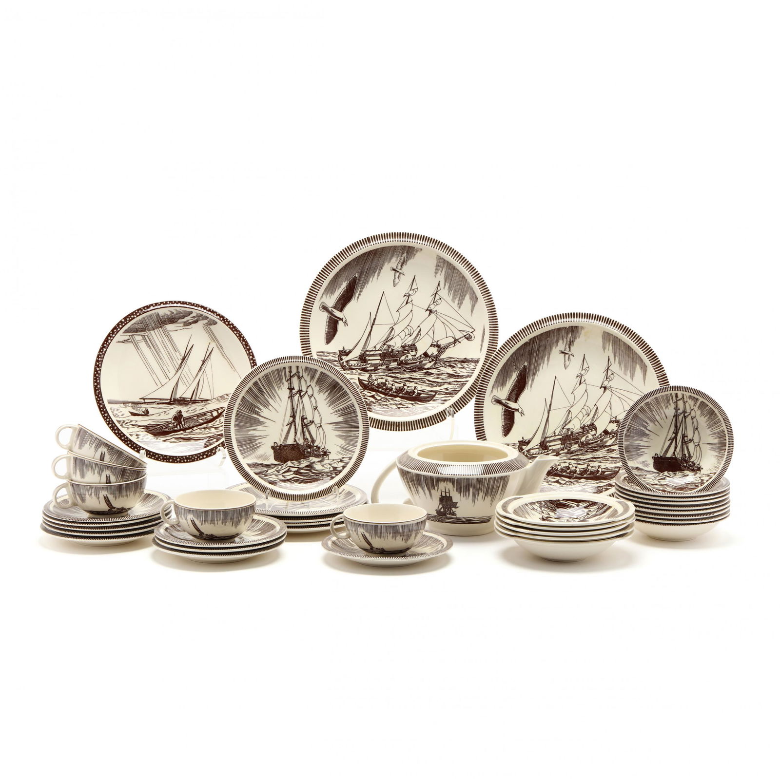 A Selection of Vernon Kilns "Moby Dick" Rockwell Kent: A Selection of Vernon Kilns "Moby Dick" Rockwell Kent (33)brown color palette, including: nine saucers and seven cups; eight small bowls; two plates (10 3/8 in.); one plate (8.5 in.); five plates (7.5