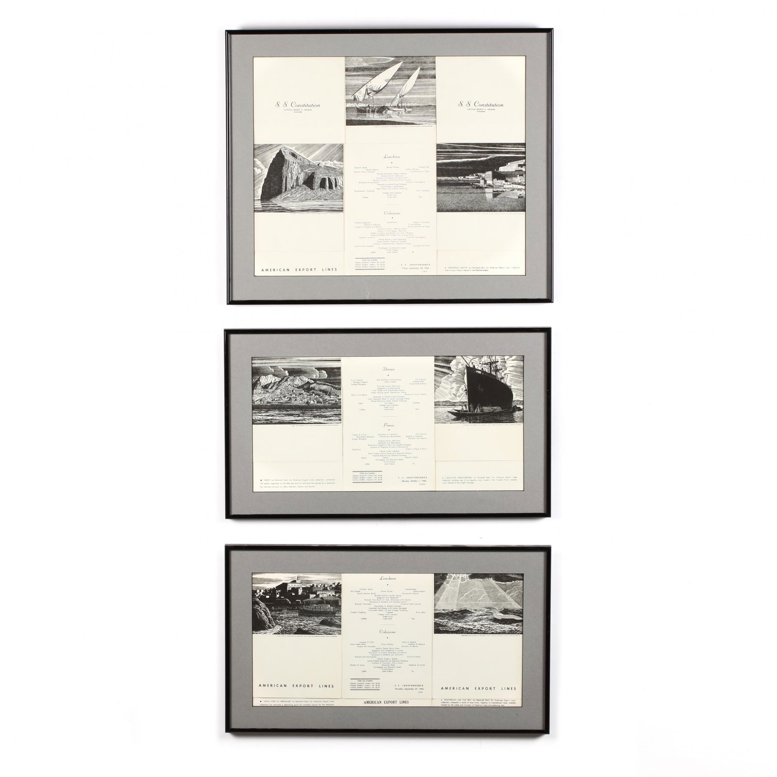 Three Framed Menus for Cruise Lines (1956), Illustrated: Three Framed Menus for Cruise Lines (1956), Illustrated by Rockwell Kent to include menus for the SS Constitution and the SS Independence, each featuring printed illustrations by Rockwell Kent, in uni