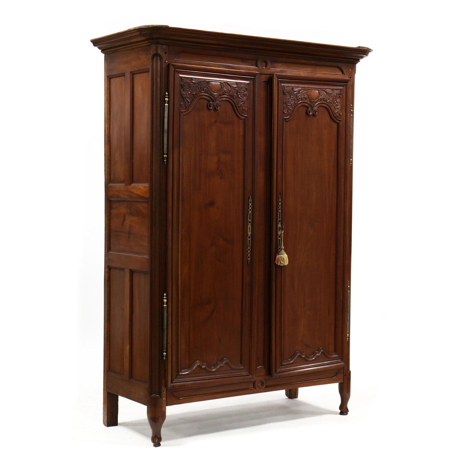 Louis XV Carved Mahogany Armoire: Louis XV Carved Mahogany Armoire 18th century, oak secondary, cove molded cornice, hinged recessed panel doors, with relief carved upper panel, steel and brass hinges, open interior with upper shelf, 