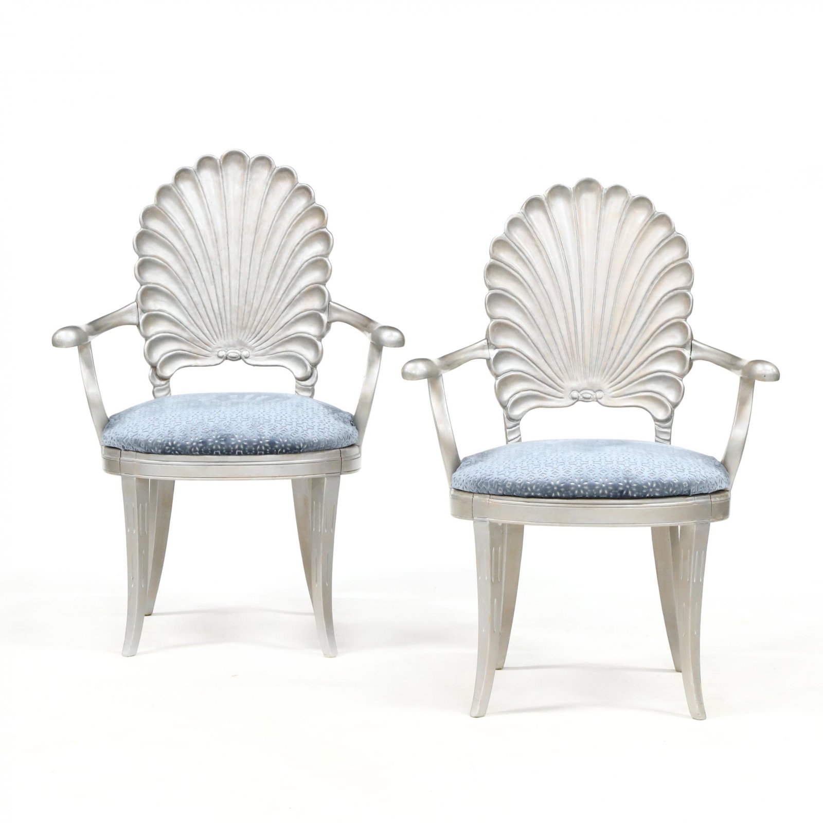 Pair of Grotto Style Armchairs: Pair of Grotto Style Armchairs late 20th century, carved wood, with later silver finish, blue plush upholstery, on saber legs. 38 x 27 x 20 in. Additional high-resolution photos are available at Lelan