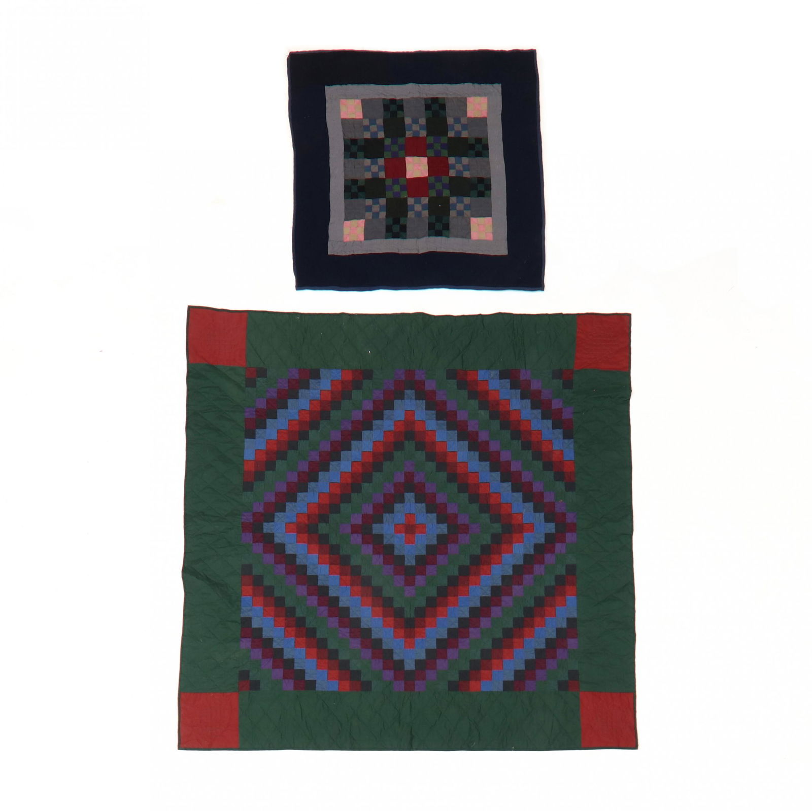 Two Amish Quilts: Two Amish QuiltsIntercourse, Pennsylvania, late 20th century, the larger in dark reds, greens, blues, and black, with label having quilter's name; the smaller in Sunshine and Shadows pattern, with dar