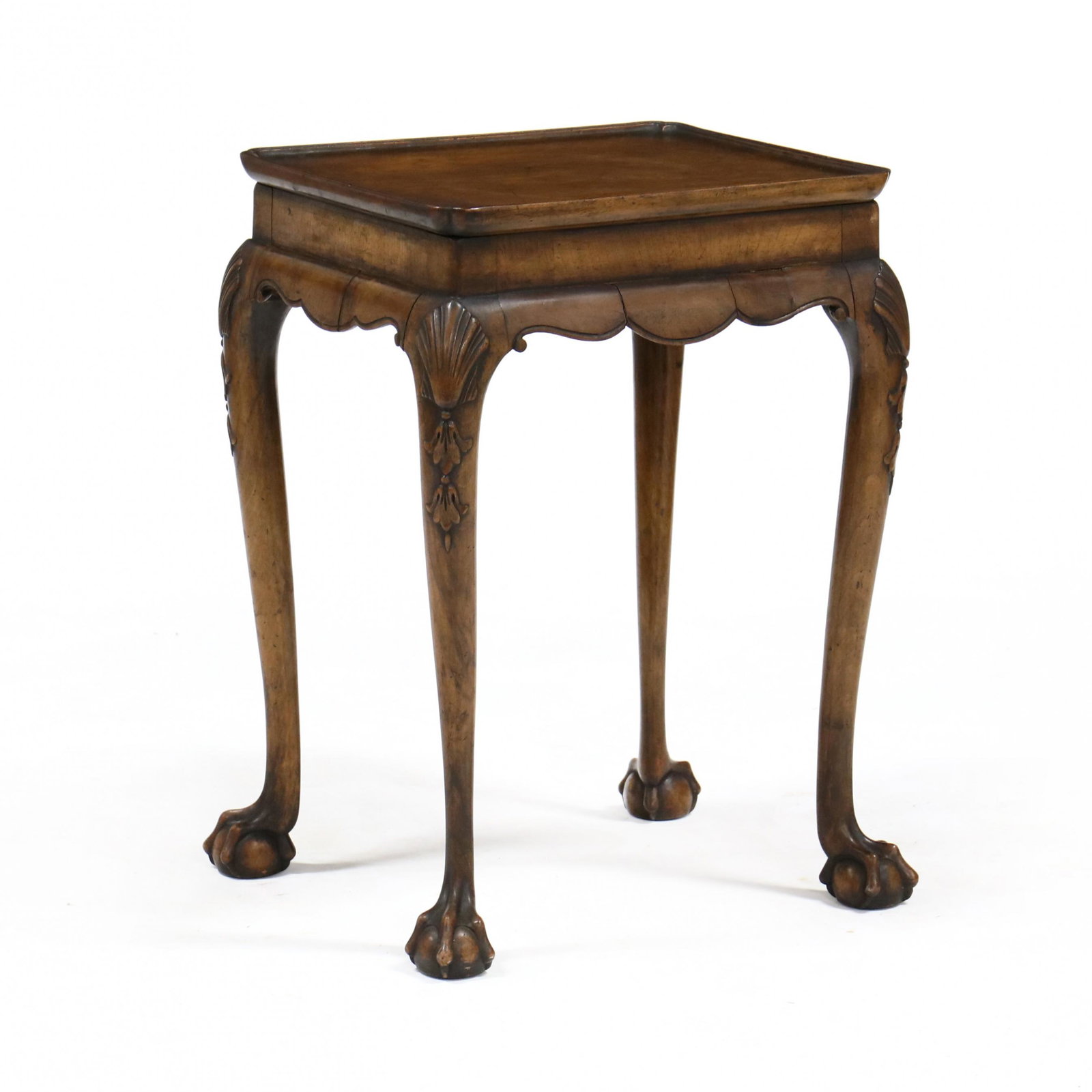 Antique English Chippendale Style Carved Diminutive: Antique English Chippendale Style Carved Diminutive Side Table circa 1860-80, mahogany, mahogany veneer, pine secondary, relief carved tray top with notched corners, vertically veneered frieze below t