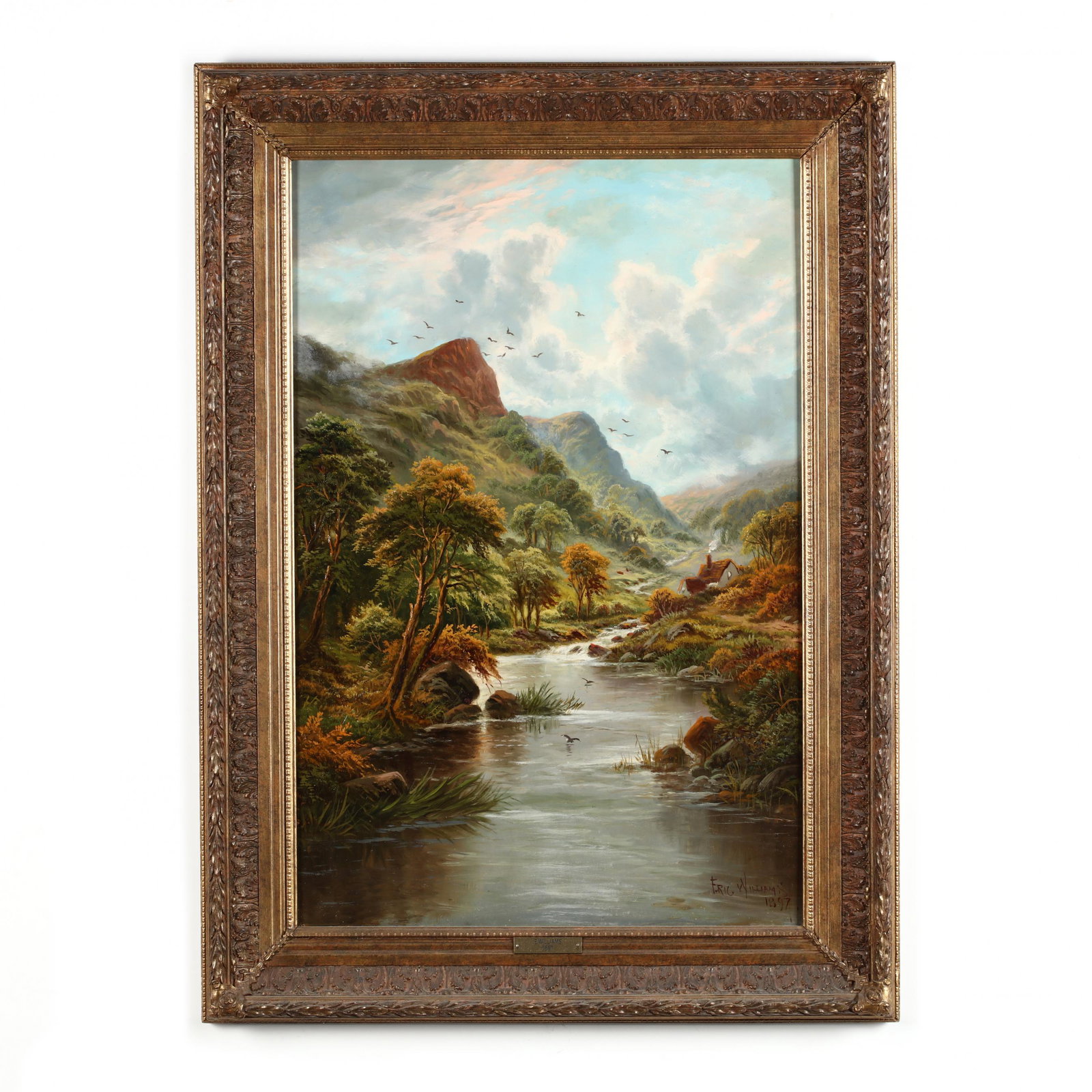Eric Williams (British, 19th/20th century), Mountain: Eric Williams (British, 19th/20th century), Mountain Landscape with Thatched Cottage oil on canvas (lined), signed and dated 1897 at lower right, presented in a later gilt frame with gallery plaque. D