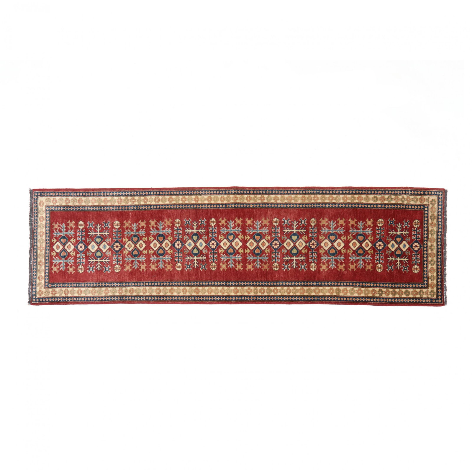 Pak Persian Runner: Pak Persian Runner red field with repeating motifs, gold border within two blue minor borders. 2 ft. 11 in. x 10 ft. 1 in. From the collection of Dr. Henry T. Perkins, Jr., Raleigh, North Carolina Add