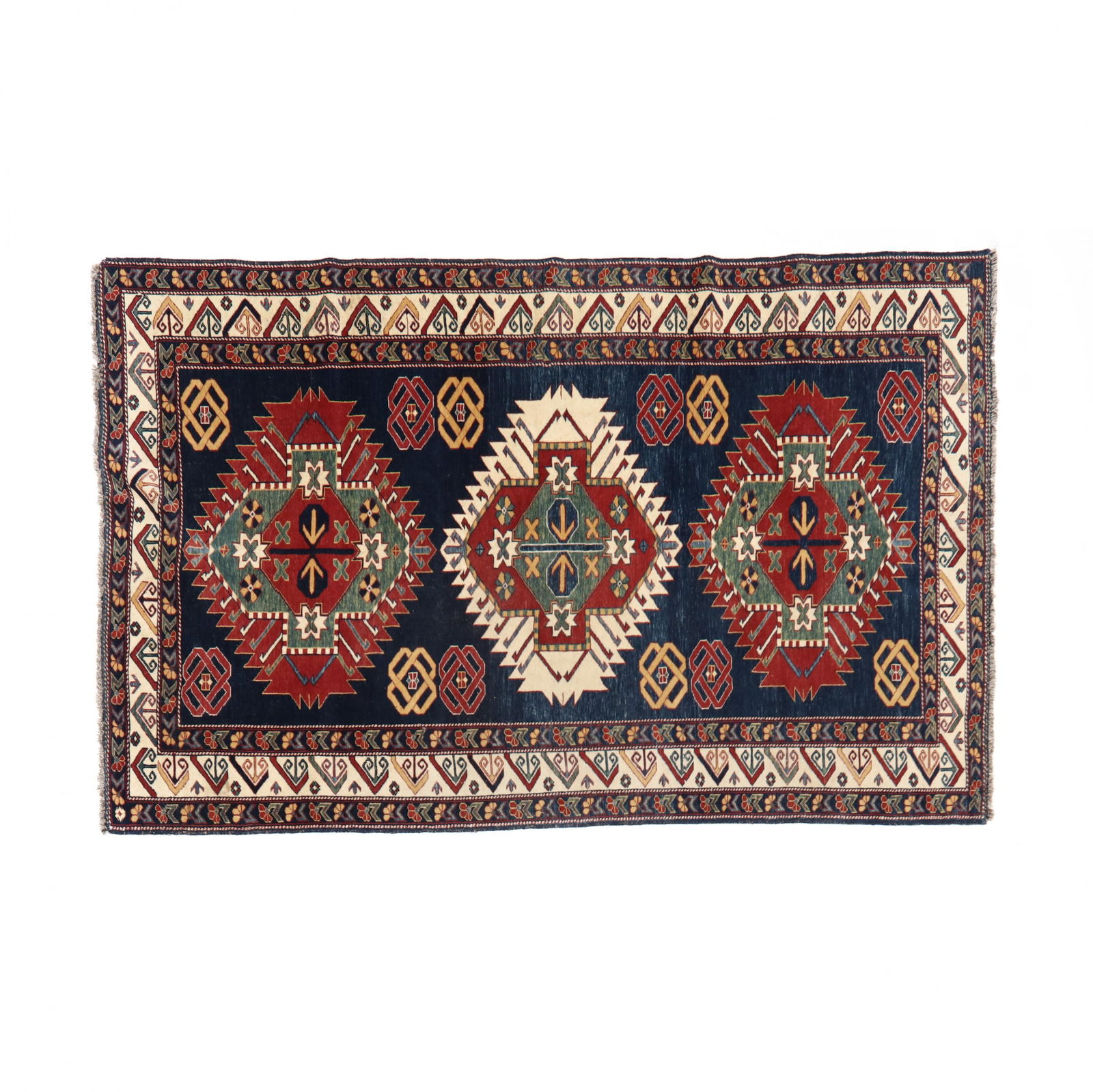 Pak Persian Area Rug: Pak Persian Area Rugnavy blue field, with three repeating point medallions, and with border between two minor blue borders. 4 ft. 3 in. x 6 ft. 7 in. From the collection of Dr. Henry T. Perkins, Jr.,