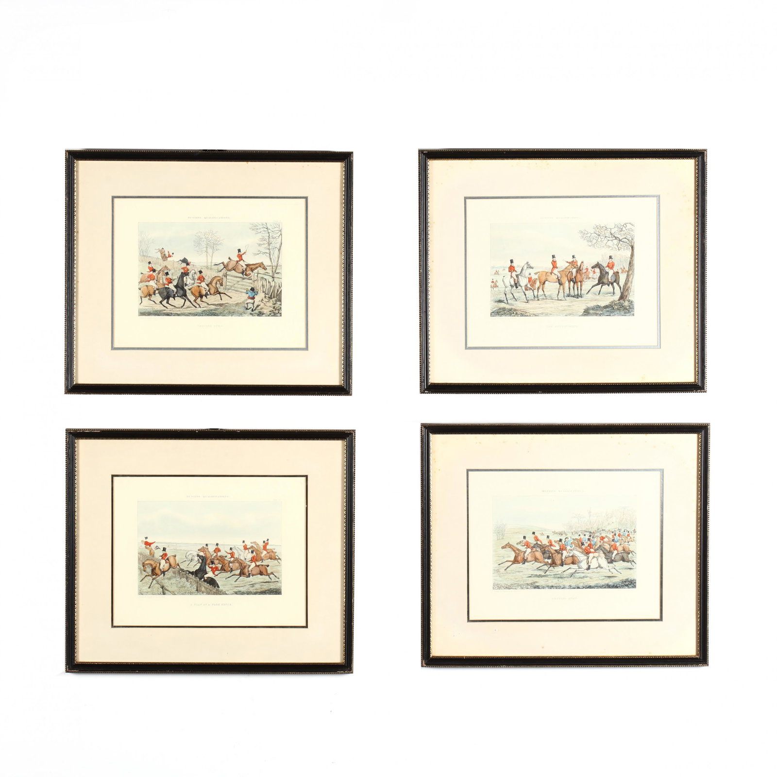 after Henry Alken (British, 1785â€“1851), Four Scenes: after Henry Alken (British, 1785â€“1851), Four Scenes from Hunting Qualifications hand-colored engravings, possibly later printings, housed in uniform matting and framing. DOA 17 x 20 1/4 in. Col