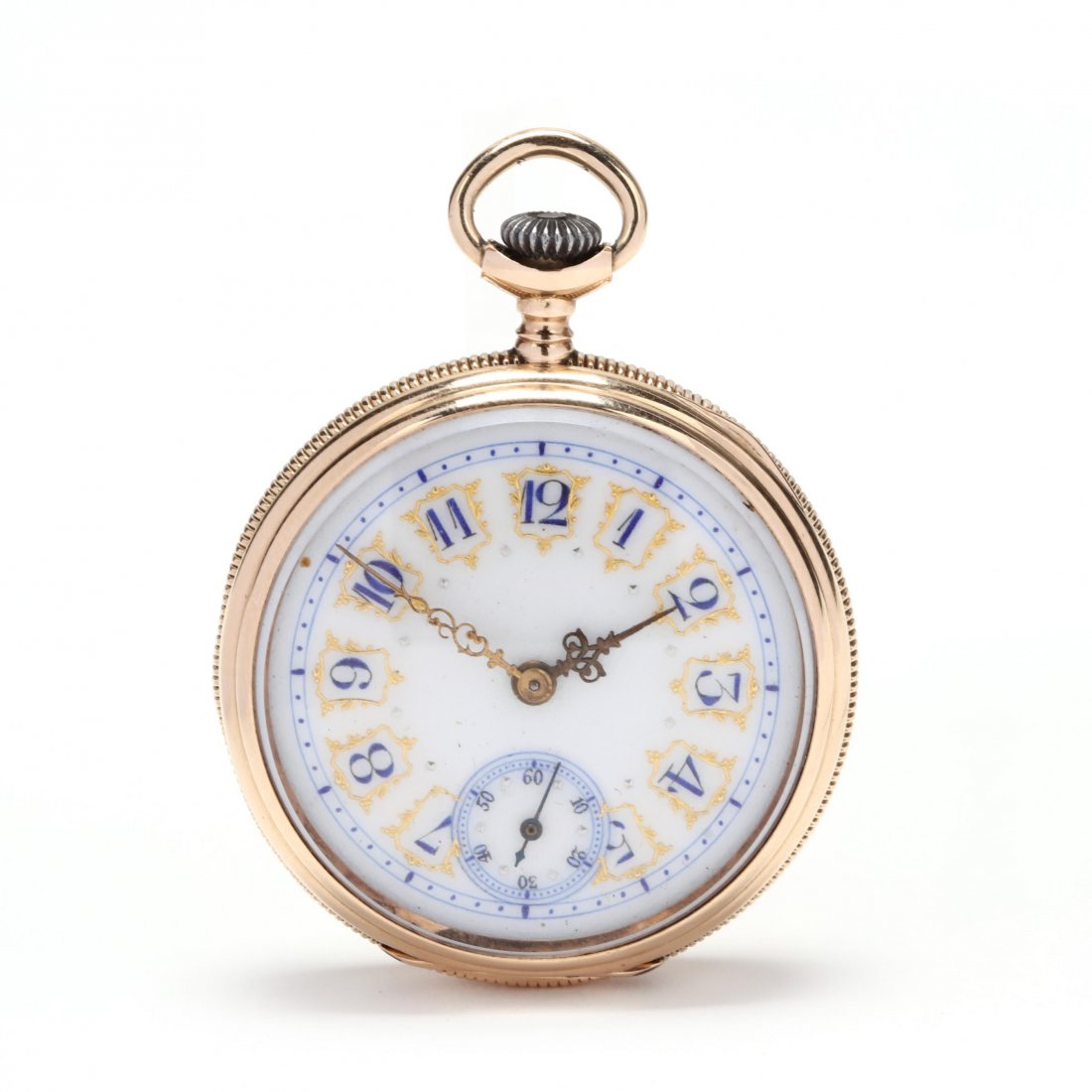 Lady's Antique 14KT Open Face Pocket Watch, Longines: stem wind and set, the white dial with blue and gold enamel accents, with blue enamel Arabic numeral indicators and outer five minute register, subsidiary dial and the 6:00 hour and with gilt Louis XI