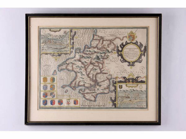 John Speed (1542 - 1629), Map of Penbrokshyre,: John Speed (1542 - 1629), Map of Penbrokshyre, "...described and the situations both of Penbroke and St. Davids shewed in due form as they were taken by John Speed." Hand colored copperplate engraving