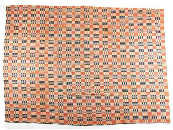 Overshot Coverlet, 19th c.,: Overshot Coverlet, 19th c., red and blue wool on linen, woven in three parts. 96" x 89.5"