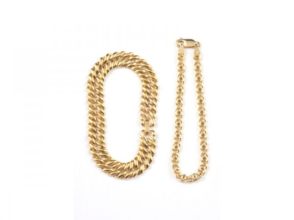 Two 18K Yellow Gold Link Bracelets,: Two 18K Yellow Gold Link Bracelets, one chain linked and fused, marked "750", measuring 7.75" and 7. 8 g, and the other double curbed link bracelet measuring 6" and 13.69 g.