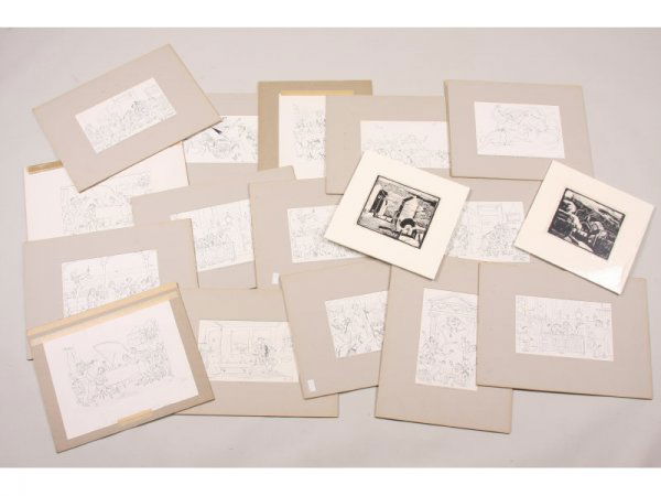 Emlen Etting (PA, 1905-1993), Illustrations,: Emlen Etting (PA, 1905-1993), Illustrations, pen and ink on paper, collection of 15 chapter illustrations - variously titled (includes chapters 1, 2, 4, 6, 10, 14, 17, 19, 21, 24, and 30) - duplicates