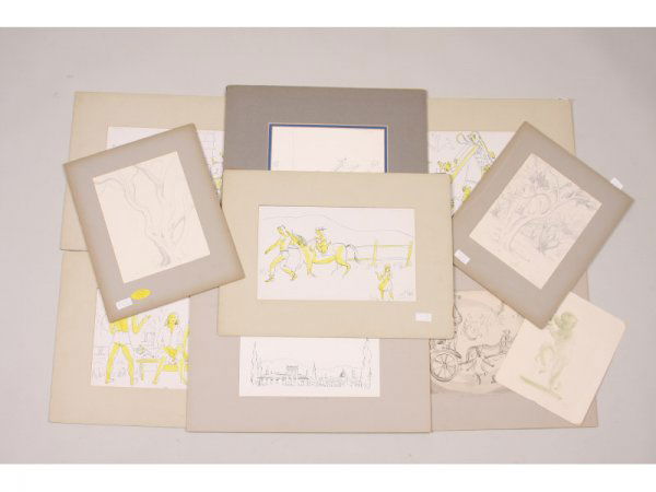 Emlen Etting (PA, 1905-1993), Drawings,: Emlen Etting (PA, 1905-1993), Drawings, collection of 10 drawings including four charming ink illustrations with bright yellow wash for "Pocono Manor." Many matted and all unframed.