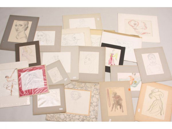 Emlen Etting (PA, 1905-1993), Portraits,: Emlen Etting (PA, 1905-1993), Portraits, collection of 20 figural works and portraits, mixed media on paper, many matted, all unframed.