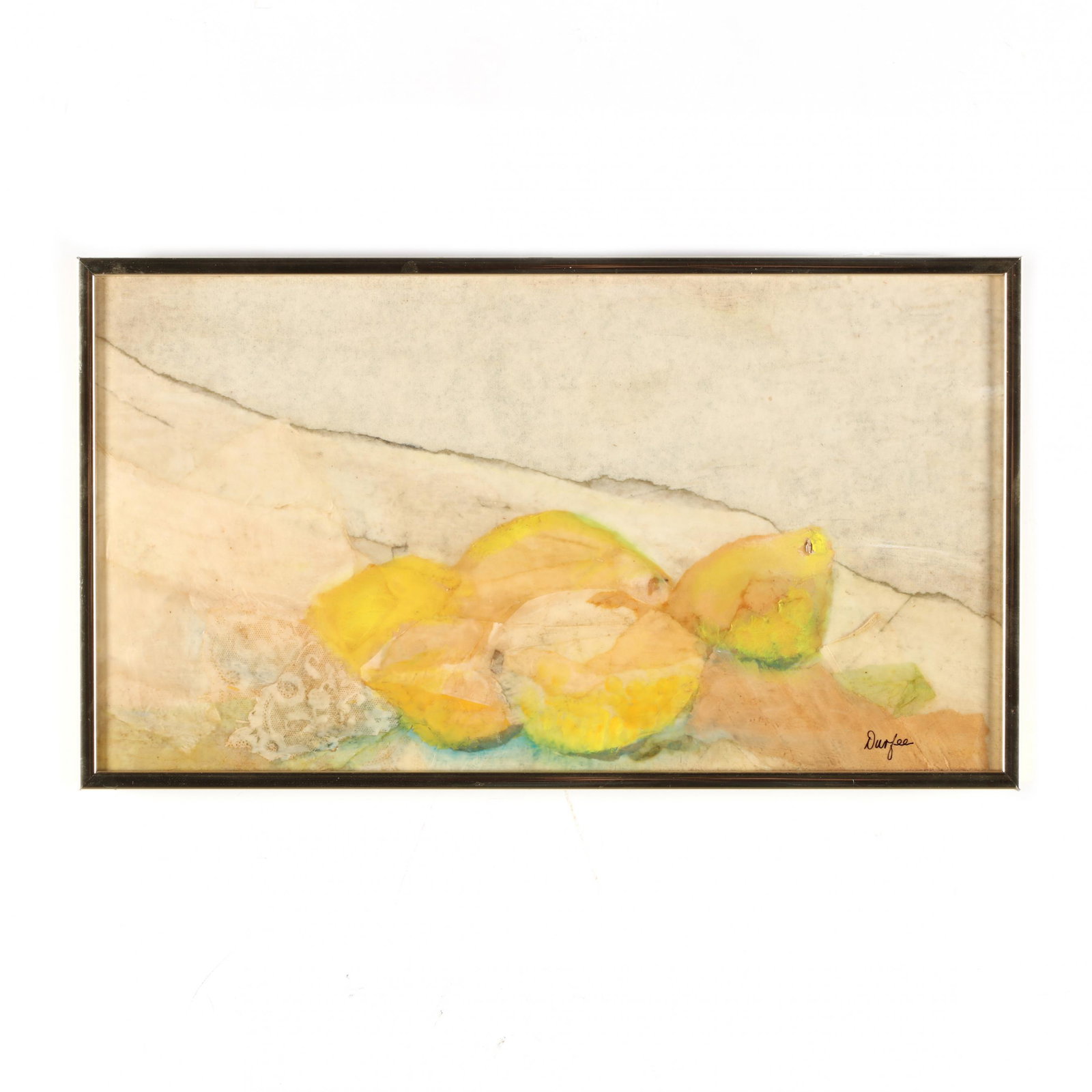 Susan Durfee (NC), Lemons: Susan Durfee (NC), Lemons collage, signed at lower right and retaining an artist's label to the verso, framed. DOA 9.25 x 16 3/8 in. From the estate of the late Mary L. Hill, Chapel Hill, North Caroli